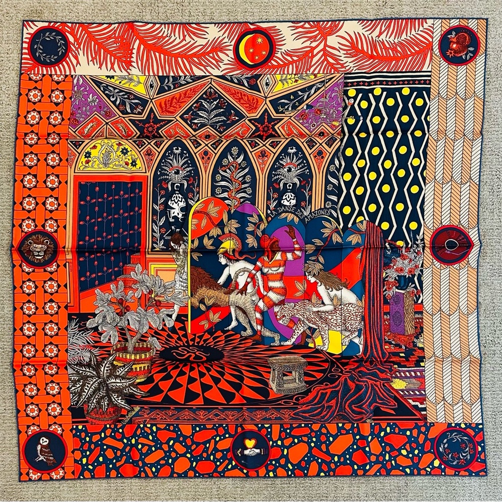 HERMES LA DANSE DES AMAZONES SILK TWILL 90CM SCARF